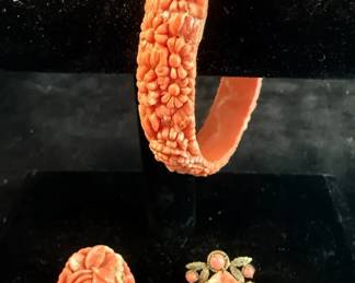 Carved Coral Celluloid Brooch, Shoe Clip  Bangle Made In Japan