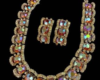 Aurora Borealis Rhinestones Gold Plated Necklace  Earrings Set 