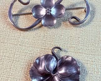 Stuart Nye Sterling Dogwood Flower Brooch  Sterling Pansey Brooch 