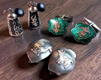 Vintage Siam Sterling Earrings, Cuff Links Industria Peruana Earrings 