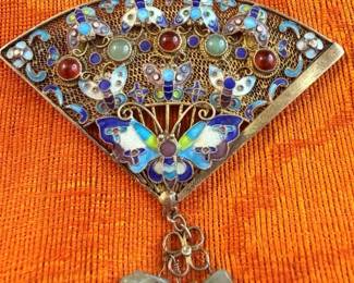 China Sterling Enameled Fan Brooch