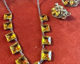 Deco Necklace Of Faceted Glass Stone Set In Sterling  Filagree ClipOns 