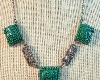 Vintage Sterling  Molded Green Glass Floral Motif Paneled Necklace 