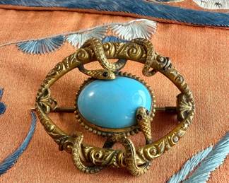 Victorian Turquoise Color Cabochon  Gold Snakes Brooch 
