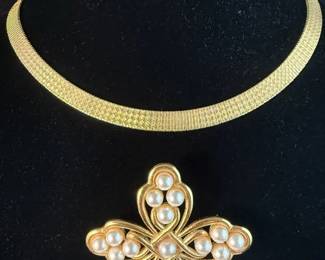 Vintage Napier Brooch And Satin Gold Choker