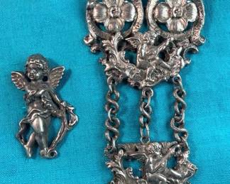 Angel Cherub Repousse Silver Pin  LEO GLASS Chantelaine Style Brooch