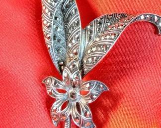 Vintage Marcasite Floral  Leaf Brooch