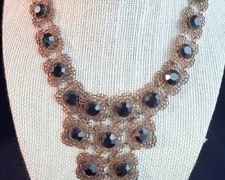 Vintage Necklace Of Black Faceted Glass Beads W Metal Filigree 