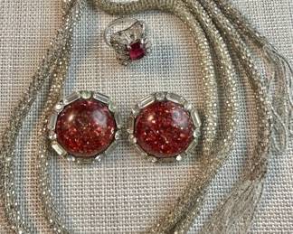 Vintage Coro Cabochon Art Glass ClipOns, Beaded Robe Lariat  Ring