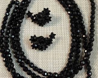 Jet Black Glass Earrings And Opera Length Necklace 