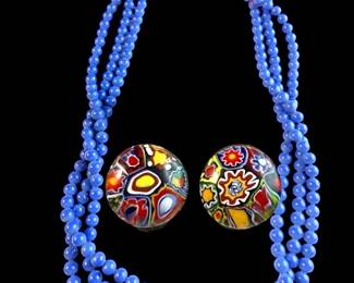 Cine Blue Beaded Multi Strand Necklace  Millefiori ClipOns 