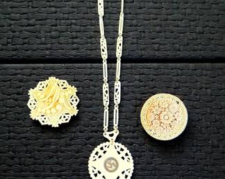 Celluloid Necklace W Triskelion Symbol  Botanical Celluloid Brooches