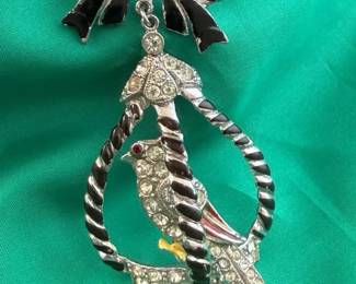 Art Deco Painted Enamel Rhinestone Bird in Cage Trembler Pin Brooch 