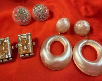 Confetti Lucite Designed ClipOns, Pearlized Hoops  Celluloid Rhinestone Screwbacks