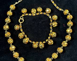 Vintage Gold Filigree Amber Rhinestone Bead Cap Set