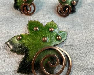 Matisse GoldTone Enameled Leaf Brooch  Matching ClipOns 