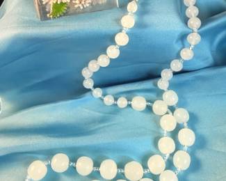 White Glass Beaded Necklace  Lucite Floral Pendant