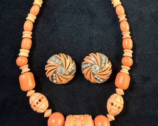 Vintage Celluloid Beaded Choker  Lucite Swirl  Rhinestone ClipOns