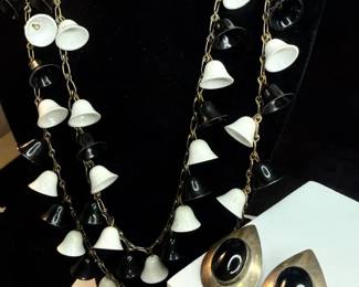 Sterling Onyx Pierced Earrings  Vintage Double Strand Bell Length Necklace