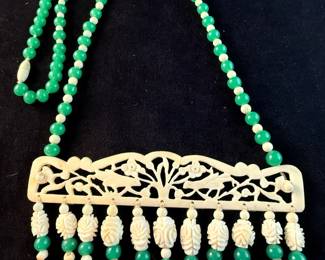 Carved Bone  Glass Beaded Necklace