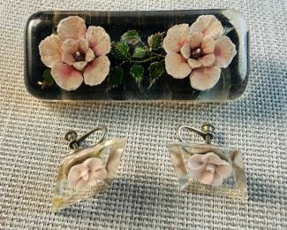Lucite Imbedded Floral Brooch And Screwback Earrings 