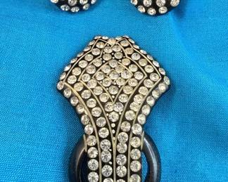 Deco Celluloid Rhinestone Brooch And Screwback Earrings
