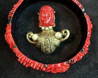 Classic Selro Selini Goldtone Red Face Thai Girl Figural Brooch