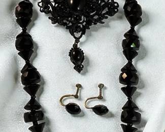 French Jet Beaded Necklace, Earrings  A Revival Black Brooch 