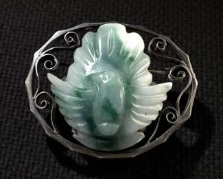 Jadeite Nephrite Carved Phoenix Silver Brooch 