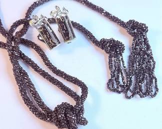 Black Seed Bead Rope Lariat Necklace  Complementing ClipOns 