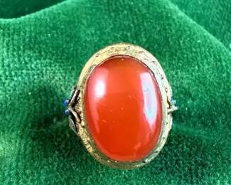 Chinese Carnelian Cabachon Enameled Butterfly Ring