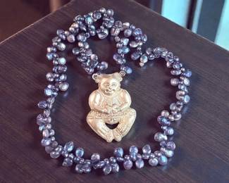 Mongolian Fertility Pendant W Blue Freshwater Pearl Necklace