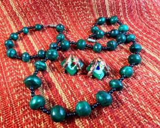 Malachite Beaded Necklace And Bracket, Along W Matisse Brass Enameled ClipOns