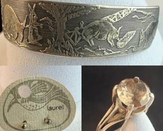 Sterling Engraved Cuff, Faceted Stone Ring,  Small Pierced Earrings