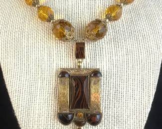 Art Deco Brass Dangle Pendant WAmberColored Beaded Necklace