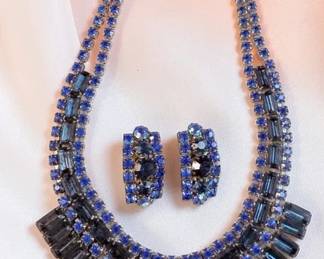 Sky Blue Crystal Fringe Necklace  Clip Earrings Set