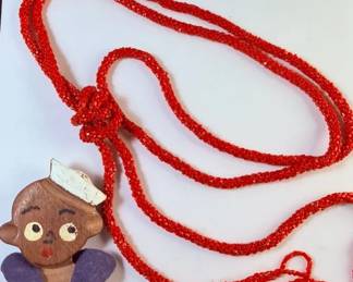 Folk Art Sailor Pin  Red Seed Bead Rope Lariat