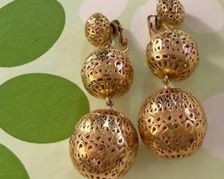 Trifari Gold Plated Filigree, Open Work Ball ClipOn Earrings 