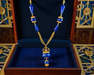 Cobalt Blue Art Deco Style Yellow GoldTone Necklace