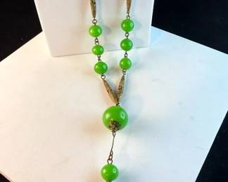 Brass  Green Glass Lariat Opera Length Necklace