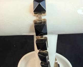 Vintage Black Pyramid Necklace  German Glass Faceted Floral Screwback Earrings