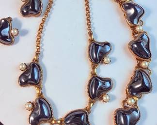 Vintage Black Lucite Cabochon Chunky 3 Piece Jewelry Set