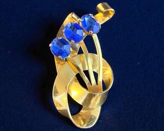 Retro Corocraft GoldPlated Sterling Glass Sapphire Rhinestone Brooch 