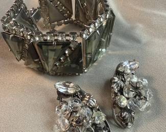 Vintage Juliana Keystone Triangle Flat Bracelet  Robert Silver Tone Earrings