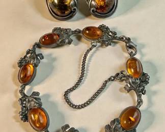 Vintage Amber Celluloid Cabachon Sterling Pierced Earrings  Accent Bracelet