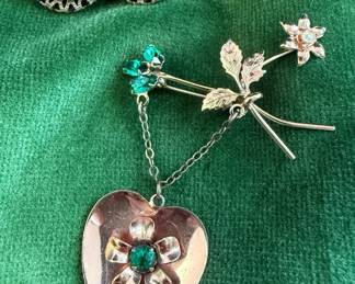 Coro Craft Sterling Floral Heart Brooch  Earrings