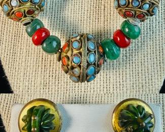 Hand Made Tibetan Beaded Choker Style Necklace  Floral Screwback Earrings