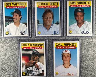 1986 Topps MLB AllStar Lot 5 Cards. Mattingly, Brett, Winfield, Henderson, Ripken.