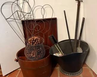 Old Fireplace Tools, Carpet Beaters And Buckets