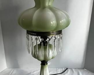 Vintage Green Hurricane Lamp with Crystals